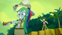 Size: 3410x1920 | Tagged: safe, imported from derpibooru, screencap, rainbow dash, slingshot (g4), eqg summertime shorts, equestria girls, leaping off the page, clothes, cutie mark on clothes, duo, female, grin, high res, male, midriff, smiling