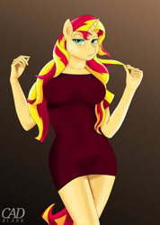 Size: 2637x3698 | Tagged: safe, artist:cadblank, imported from derpibooru, sunset shimmer, anthro, unicorn, breasts, busty sunset shimmer, clothes, dress, female, horn, solo