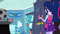 Size: 3410x1920 | Tagged: safe, imported from derpibooru, screencap, rarity, sci-twi, twilight sparkle, eqg summertime shorts, equestria girls, leaping off the page, clothes, cutie mark on clothes, female, glasses, high res, offscreen character, ponytail, sci-twi outfits, solo focus
