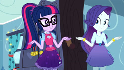 Size: 3410x1920 | Tagged: safe, imported from derpibooru, screencap, rarity, sci-twi, twilight sparkle, human, eqg summertime shorts, equestria girls, leaping off the page, bedroom, belt, blouse, bowtie, bracelet, clothes, cutie mark on clothes, duo, duo female, eyebrows, eyeshadow, female, geode of shielding, geode of telekinesis, glasses, high res, jewelry, looking at each other, looking at someone, magical geodes, makeup, medal, necklace, ponytail, raised eyebrow, shrug, skirt, smiling, vest, wardrobe