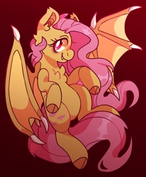 Size: 2161x2624 | Tagged: safe, artist:cocopudu, imported from derpibooru, fluttershy, bat pony, pony, bat ponified, chest fluff, cloven hooves, cute, cute little fangs, fangs, female, flutterbat, gradient background, high res, mare, race swap, smiling, solo, white pupils