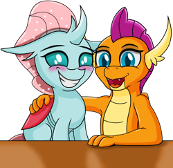 Size: 2048x1988 | Tagged: safe, artist:neondragon, imported from derpibooru, ocellus, smolder, changedling, changeling, dragon, arm around back, blushing, changeling x dragon, cute, diaocelles, dragoness, female, interspecies, lesbian, looking at you, shipping, simple background, smiling, smiling at you, smolcellus, smolderbetes, transparent background