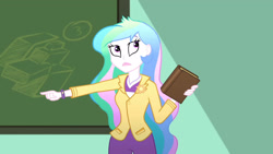 Size: 3410x1920 | Tagged: safe, imported from derpibooru, screencap, princess celestia, eqg summertime shorts, equestria girls, subs rock, book, chalkboard, female, high res, pointing, principal celestia, solo