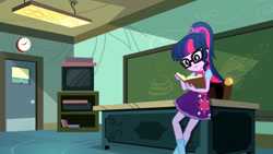 Size: 3410x1920 | Tagged: safe, imported from derpibooru, screencap, sci-twi, twilight sparkle, eqg summertime shorts, equestria girls, subs rock, book, chalkboard, clothes, cutie mark on clothes, female, glasses, high res, sci-twi outfits, smiling, solo, television