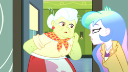 Size: 3410x1920 | Tagged: safe, imported from derpibooru, screencap, granny smith, princess celestia, eqg summertime shorts, equestria girls, subs rock, celestia is not amused, duo, duo female, female, high res, lockers, open mouth, principal celestia, unamused