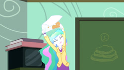 Size: 3410x1920 | Tagged: safe, imported from derpibooru, screencap, princess celestia, eqg summertime shorts, equestria girls, subs rock, apron, chalkboard, clothes, eyes closed, female, high res, principal celestia, solo, television