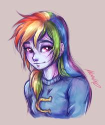 Size: 1612x1930 | Tagged: safe, artist:buttersprinkle, imported from derpibooru, rainbow dash, equestria girls, bust, clothes, female, gray background, simple background, solo, sweater, wondercolts