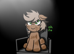 Size: 678x497 | Tagged: safe, artist:neuro, imported from derpibooru, oc, oc only, earth pony, pony, chair, female, mare, oh no, runescape, sitting, smiling, solo, spotlight, sweat