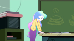 Size: 3410x1920 | Tagged: safe, imported from derpibooru, screencap, princess celestia, eqg summertime shorts, equestria girls, subs rock, apron, chalkboard, clothes, eyes closed, female, high res, principal celestia, solo, television