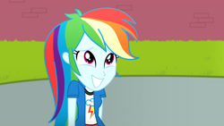 Size: 3410x1920 | Tagged: safe, imported from derpibooru, screencap, rainbow dash, eqg summertime shorts, equestria girls, subs rock, <:), canterlot high, clothes, cute, cutie mark on clothes, female, grin, high res, my bad, nervous chuckle, sheepish grin, shirt, short-sleeved jacket, smiling, solo, teeth