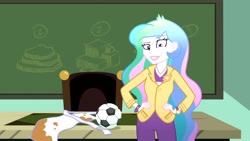 Size: 3410x1920 | Tagged: safe, imported from derpibooru, screencap, princess celestia, eqg summertime shorts, equestria girls, subs rock, apron, chalkboard, clothes, female, football, hand on hip, high res, principal celestia, smiling, solo, sports