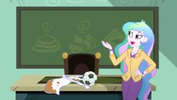 Size: 3410x1920 | Tagged: safe, imported from derpibooru, screencap, princess celestia, eqg summertime shorts, equestria girls, subs rock, apron, chalkboard, clothes, female, football, hand on hip, high res, open mouth, open smile, principal celestia, smiling, solo, sports
