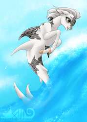 Size: 533x750 | Tagged: safe, artist:the13thblackcat, imported from derpibooru, oc, oc only, hybrid, merpony, seapony (g4), brown eyes, bubble, cloud, dorsal fin, female, fish tail, logo, mare, ocean, open mouth, sky, smiling, solo, sunlight, tail, water, watermark, white mane