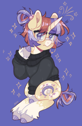 Size: 2166x3330 | Tagged: safe, artist:gaydotpng, imported from derpibooru, moondancer, pony, unicorn, clothes, female, g4, glasses, mare, purple background, redesign, simple background, solo, sweater, turtleneck, unshorn fetlocks