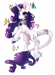 Size: 1767x2418 | Tagged: safe, artist:chocori, imported from derpibooru, rarity, pony, unicorn, blue eyes, blue eyeshadow, chest fluff, choker, eyeshadow, hock fluff, horn, horn ring, jewelry, leonine tail, makeup, pendant, peytral, rarity's cutie mark, ring, simple background, solo, sparkles, sparkly eyes, tail, tail bracelet, tail fluff, tail ring, unshorn fetlocks, white background, wingding eyes