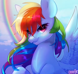 Size: 1900x1800 | Tagged: safe, artist:chocori, imported from derpibooru, rainbow dash, pegasus, pony, bust, female, mare, rainbow, sky background, solo