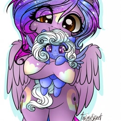 Size: 756x756 | Tagged: safe, artist:tawnysweet, imported from derpibooru, oc, oc only, oc:comfy pillow, oc:dazzling talents, alicorn, pegasus, pony, bipedal, cute, eye clipping through hair, female, holding a pony, mare, ocbetes, plushie, simple background, solo, white background