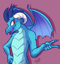 Size: 2547x2682 | Tagged: safe, artist:lechu-zaz, imported from derpibooru, princess ember, dragon, dragoness, female, hand on hip, pink background, signature, simple background, smiling, solo, tongue out