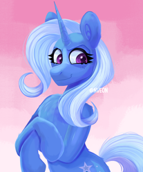 Size: 2110x2550 | Tagged: safe, artist:nveon, imported from derpibooru, trixie, pony, unicorn, bipedal, bust, crossed hooves, female, mare, portrait, signature, simple background, smiling, smirk, solo