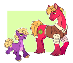 Size: 2300x2000 | Tagged: safe, artist:eeelt, imported from derpibooru, big macintosh, little mac, earth pony, pony, the last problem, chest fluff, colt, duo, father and child, father and son, foal, freckles, green eyes, high res, hock fluff, looking at each other, looking at someone, male, simple background, smiling, stallion, underhoof, unshorn fetlocks