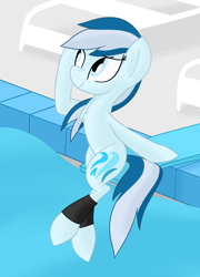 Size: 1920x2660 | Tagged: safe, artist:notadeliciouspotato, imported from derpibooru, oc, oc:serene dive, earth pony, pony, beach chair, chair, diving board, female, mare, sitting, smiling, solo, swimming pool, water