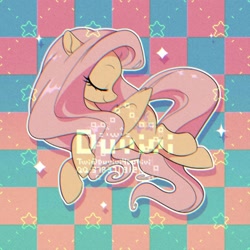 Size: 2000x2000 | Tagged: safe, artist:duvivi, imported from derpibooru, part of a set, fluttershy, pegasus, pony, checkered background, chromatic aberration, cute, eyes closed, female, high res, mare, profile, shyabetes, solo, stars