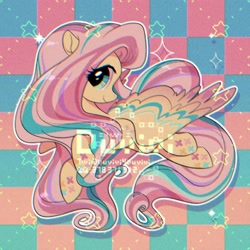 Size: 2000x2000 | Tagged: safe, alternate version, artist:duvivi, imported from derpibooru, part of a set, fluttershy, pegasus, pony, aesthetics, checkered background, chromatic aberration, cute, female, high res, mare, profile, rainbow power, shyabetes, solo, spread wings, stars, wings
