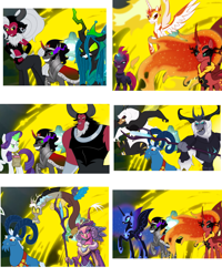 Size: 4096x5120 | Tagged: safe, artist:gojira1604shinomura, edit, edited screencap, idw, imported from derpibooru, screencap, vector edit, daybreaker, discord, grogar, king sombra, lord tirek, nightmare moon, princess eris, queen chrysalis, rarity, storm king, sunset shimmer, tempest shadow, alicorn, bugbear, centaur, demon, demon pony, draconequus, sheep, storm creature, taur, unicorn, equestria girls, my little pony: the movie, the ending of the end, alternate ending, antagonist, bell, crown, grogar's bell, horn, inspirarity, jewelry, lady tirek, legion of doom, male, possessed, ram, regalia, rule 63, sarimanok, sunset satan, ultimate chrysalis, vector