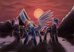 Size: 1254x894 | Tagged: safe, artist:arforzan, imported from derpibooru, maud pie, pinkie pie, rainbow dash, earth pony, pegasus, pony, alternate timeline, amputee, apinkalypse pie, apocalypse dash, apocalypse maud, artificial wings, augmented, backlighting, crystal war timeline, female, frown, mare, pinkamena diane pie, prosthetic limb, prosthetic wing, prosthetics, raised hoof, red sky, shadow, signature, soldier, sun, torn ear, trio, trio female, wings