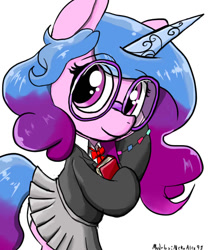 Size: 559x665 | Tagged: safe, artist:a.s.e, imported from derpibooru, izzy moonbow, semi-anthro, unicorn, book, butt, clothes, cute, eyebrows, eyebrows visible through hair, eyelashes, female, g5, glasses, horn, izzybetes, looking at you, mare, meganekko, panties, plot, school uniform, simple background, skirt, smiling, smiling at you, solo, tail, underwear, uniform, upskirt, white background, white panties