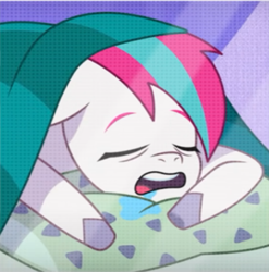 Size: 367x371 | Tagged: safe, imported from derpibooru, screencap, zipp storm, pegasus, pony, spoiler:g5, spoiler:my little pony: tell your tale, spoiler:tyts01e03, bed, blanket, cropped, female, floppy ears, g5, multicolored hair, multicolored mane, my little pony: tell your tale, pillow, sisters take flight, sleeping, younger