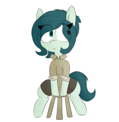 Size: 1170x1200 | Tagged: safe, artist:cherro, imported from derpibooru, oc, oc only, pony, clothes, shirt, shorts, simple background, solo, stool, white background