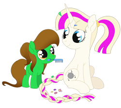 Size: 2006x1796 | Tagged: safe, artist:dyonys, imported from derpibooru, oc, oc only, oc:groovy moves, oc:lucky brush, earth pony, pony, unicorn, accessory, braid, brush, cute, female, filly, foal, freckles, hair accessory, mother and child, mother and daughter, simple background, sitting, transparent background, wholesome