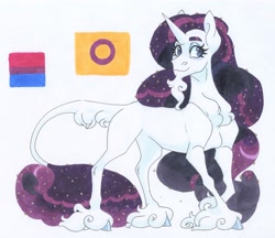 Size: 3389x2922 | Tagged: safe, artist:frozensoulpony, imported from derpibooru, rarity, classical unicorn, unicorn, beard, bisexual pride flag, chest fluff, description is relevant, facial hair, intersex pride flag, leonine tail, pride, pride flag, reference sheet, solo, traditional art, unshorn fetlocks