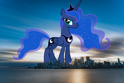 Size: 1920x1282 | Tagged: safe, artist:dashiesparkle, artist:thegiantponyfan, imported from derpibooru, princess luna, alicorn, pony, canada, crown, female, folded wings, giant alicorn, giant pony, giantess, highrise ponies, hoof shoes, irl, jewelry, looking at you, macro, mare, mega giant, mega luna, photo, ponies in real life, regalia, smiling, toronto, wings