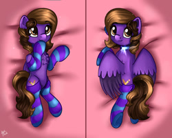 Size: 1280x1024 | Tagged: safe, artist:appleneedle, imported from derpibooru, oc, oc only, oc:hannah rainboom, pegasus, pony, body pillow, body pillow design, chest fluff, clothes, commission, eyebrows, eyebrows visible through hair, female, lying down, mare, pegasus oc, prone, signature, socks, solo, striped socks, tail, underhoof, wings