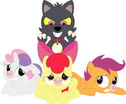 Size: 3560x2956 | Tagged: safe, artist:porygon2z, imported from derpibooru, apple bloom, scootaloo, sweetie belle, earth pony, pegasus, pony, unicorn, collar, crossover, cutie mark crusaders, hilarious in hindsight, king clawthorne, pet tag, show accurate, simple background, the owl house, three little pigs, titan, transparent background, unmasked