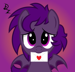 Size: 4167x4012 | Tagged: safe, artist:drzedworth, artist:zedwin, imported from derpibooru, oc, oc only, oc:midnight purple, bat pony, pony, commission, holiday, letter, looking at you, love letter, solo, valentine's day, ych result