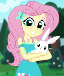 Size: 7000x8305 | Tagged: safe, artist:n0kkun, imported from derpibooru, angel bunny, fluttershy, rabbit, equestria girls, absurd resolution, animal, cute, duo, duo male and female, female, grin, male, shyabetes, signature, smiling