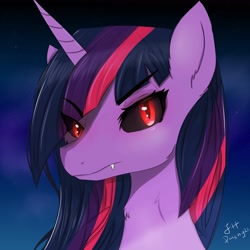 Size: 3000x3000 | Tagged: safe, artist:dashy21, imported from derpibooru, twilight sparkle, pony, ambiguous race, black sclera, bust, evil, evil twilight, fangs, red eyes, slit pupils, solo