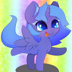 Size: 3000x3000 | Tagged: safe, artist:zokkili, imported from derpibooru, princess luna, alicorn, pony, cute, ear fluff, ethereal mane, extended trot pose, female, filly, foal, horn, lunabetes, open mouth, rainbow background, solo, starry mane, wingding eyes, wings, woona, younger