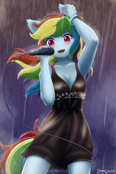 Size: 1600x2400 | Tagged: safe, artist:symbianl, imported from derpibooru, rainbow dash, anthro, equestria girls, absolute cleavage, black dress, breasts, cleavage, clothes, commission, commissioner:ajnrules, cute, cute little fangs, dashabetes, dress, fangs, female, human facial structure, little black dress, microphone, open mouth, open smile, ponied up, rain, rainbow dash always dresses in style, singing, smiling, solo