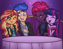 Size: 1440x1132 | Tagged: safe, artist:purfectprincessgirl, imported from derpibooru, flash sentry, sunset shimmer, tempest shadow, twilight sparkle, equestria girls, double date, equestria girls-ified, female, flashimmer, lesbian, lesbian in front of boys, male, shipping, straight, tempestlight