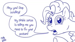 Size: 1200x675 | Tagged: safe, artist:pony-berserker, imported from derpibooru, pinkie pie, earth pony, pony, female, lineart, looking at you, monochrome, pinkie sense, pony-berserker's twitter sketches, pony-berserker's twitter sketches (2022), solo, talking to viewer