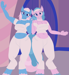 Size: 3790x4149 | Tagged: safe, artist:sixes&sevens, imported from derpibooru, aloe, lotus blossom, anthro, earth pony, unguligrade anthro, choker, duo, exposed belly, female, freckles, holding hands, looking at you, ponyville spa, siblings, sisters, smiling, smiling at you, spa twins, twins