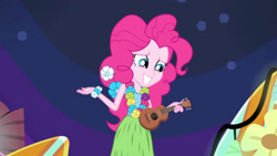 Size: 3410x1920 | Tagged: safe, imported from derpibooru, screencap, pinkie pie, equestria girls, rainbow rocks, shake your tail, female, grin, high res, musical instrument, sleeveless, smiling, solo, ukulele