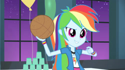 Size: 3410x1920 | Tagged: safe, imported from derpibooru, screencap, rainbow dash, equestria girls, rainbow rocks, shake your tail, basketball, clothes, cutie mark on clothes, female, high res, night, smiling, solo, sports