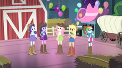 Size: 3410x1920 | Tagged: safe, imported from derpibooru, screencap, applejack, fluttershy, rainbow dash, rarity, twilight sparkle, equestria girls, rainbow rocks, shake your tail, applejack's hat, balloon, belt, boots, bracelet, clothes, cowboy boots, cowboy hat, denim skirt, female, hairpin, hat, hay, high res, jewelry, open mouth, open smile, shoes, skirt, smiling