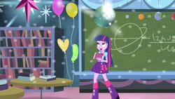Size: 3410x1920 | Tagged: safe, imported from derpibooru, screencap, twilight sparkle, equestria girls, rainbow rocks, shake your tail, balloon, book, chalkboard, clothes, cutie mark on clothes, female, high res, open mouth, open smile, smiling, solo