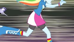 Size: 3410x1920 | Tagged: safe, imported from derpibooru, screencap, rainbow dash, bird, equestria girls, rainbow rocks, shake your tail, boots, chase, clothes, cutie mark on clothes, female, high res, open mouth, running, shoes, solo
